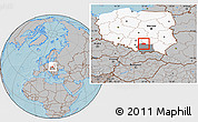 Gray Location Map of Miechow, highlighted country, highlighted parent region, hill shading