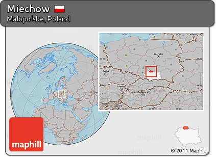 Gray Location Map of Miechow, highlighted parent region, hill shading