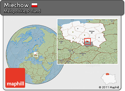 Savanna Style Location Map of Miechow, highlighted country, highlighted parent region, hill shading