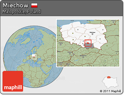 Savanna Style Location Map of Miechow, highlighted country, highlighted parent region, hill shading