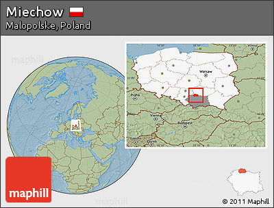 Savanna Style Location Map of Miechow, highlighted country, highlighted parent region, hill shading