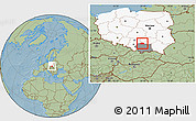 Savanna Style Location Map of Miechow, highlighted country, highlighted parent region, hill shading