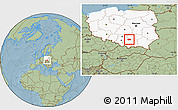 Savanna Style Location Map of Miechow, highlighted country, hill shading