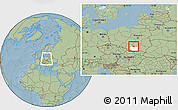 Savanna Style Location Map of Miechow, highlighted parent region, within the entire country, hill shading