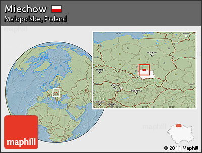 Savanna Style Location Map of Miechow, highlighted parent region, hill shading