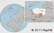 Gray Location Map of Myslenice, highlighted country, highlighted parent region, within the entire country, hill shading