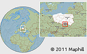 Savanna Style Location Map of Myslenice, highlighted country, highlighted parent region, within the entire country, hill shading