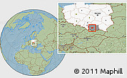Savanna Style Location Map of Myslenice, highlighted country, highlighted parent region, hill shading