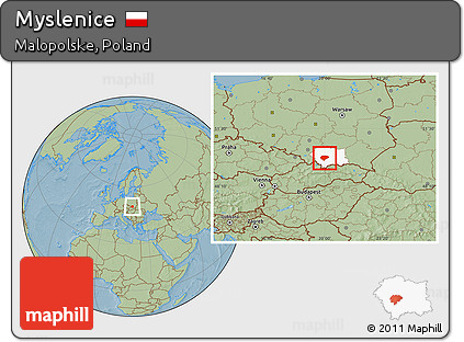 Savanna Style Location Map of Myslenice, highlighted parent region, hill shading