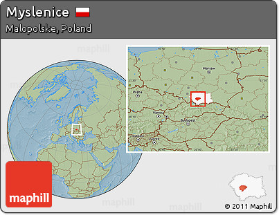Savanna Style Location Map of Myslenice, highlighted parent region, hill shading