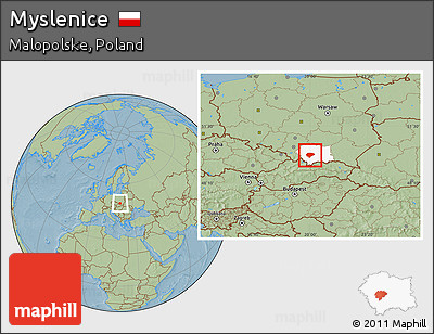 Savanna Style Location Map of Myslenice, highlighted parent region, hill shading