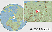 Savanna Style Location Map of Myslenice, highlighted parent region, hill shading