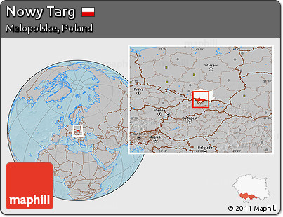 Gray Location Map of Nowy Targ, highlighted parent region, hill shading