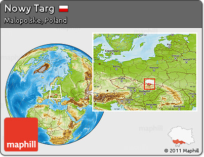 Physical Location Map of Nowy Targ, highlighted parent region, within the entire country
