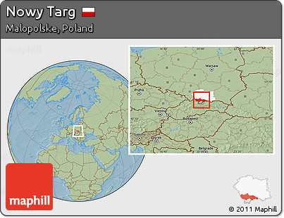 Savanna Style Location Map of Nowy Targ, highlighted parent region, hill shading