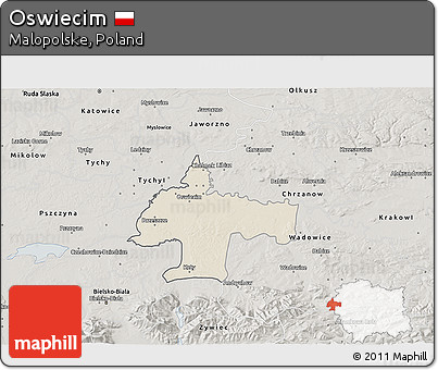Shaded Relief 3D Map of Oswiecim, semi-desaturated