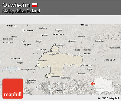 Shaded Relief 3D Map of Oswiecim, semi-desaturated
