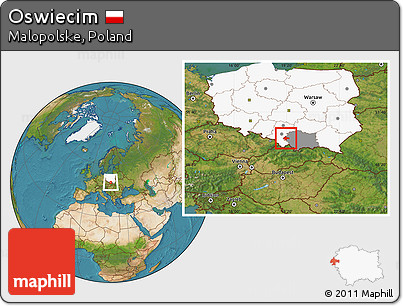 Satellite Location Map of Oswiecim, highlighted country, highlighted parent region