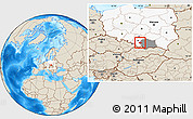 Shaded Relief Location Map of Oswiecim, highlighted country, highlighted parent region