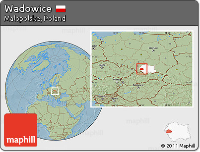Savanna Style Location Map of Wadowice, highlighted parent region, hill shading