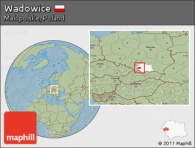 Savanna Style Location Map of Wadowice, highlighted parent region, hill shading