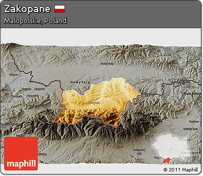 Physical 3D Map of Zakopane, darken, semi-desaturated