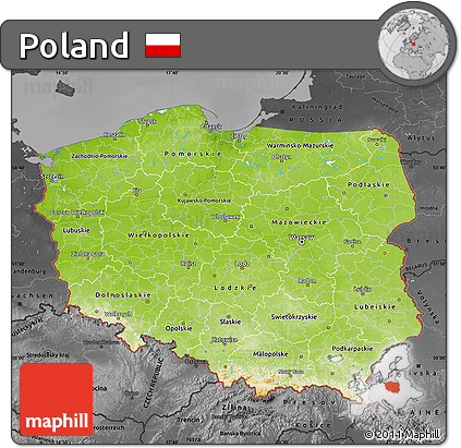 Physical Map of Poland, darken, desaturated
