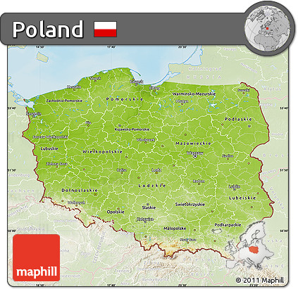 Physical Map of Poland, lighten, land only