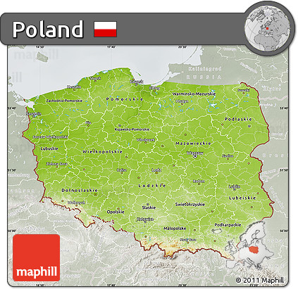 Physical Map of Poland, lighten, semi-desaturated