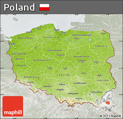Physical Map of Poland, lighten, semi-desaturated