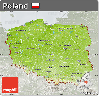 Physical Map of Poland, lighten, semi-desaturated