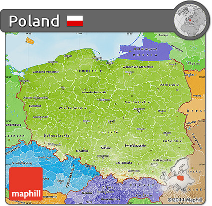 Physical Map of Poland, political shades outside, shaded relief sea