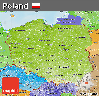 Physical Map of Poland, political shades outside, shaded relief sea