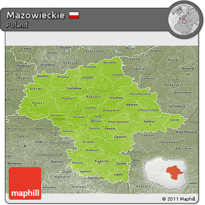 Physical 3D Map of Mazowieckie, semi-desaturated