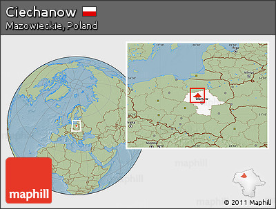 Savanna Style Location Map of Ciechanow, highlighted parent region, hill shading