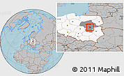 Gray Location Map of Otwock, highlighted country, highlighted parent region, hill shading