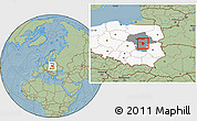 Savanna Style Location Map of Otwock, highlighted country, highlighted parent region, hill shading