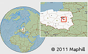 Savanna Style Location Map of Otwock, highlighted country, hill shading