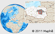 Shaded Relief Location Map of Pruszkow, highlighted country, highlighted parent region
