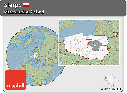 Savanna Style Location Map of Sierpc, highlighted country, highlighted parent region, hill shading