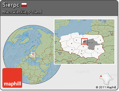Savanna Style Location Map of Sierpc, highlighted country, highlighted parent region, hill shading