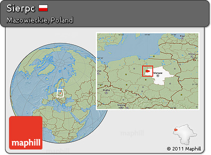 Savanna Style Location Map of Sierpc, highlighted parent region, hill shading