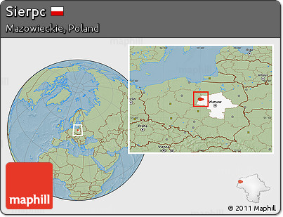 Savanna Style Location Map of Sierpc, highlighted parent region, hill shading