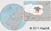 Gray Location Map of Szydlowiec, highlighted country, highlighted parent region, hill shading