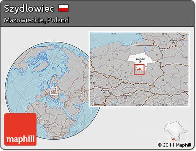 Gray Location Map of Szydlowiec, highlighted parent region, hill shading