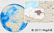 Shaded Relief Location Map of Wyszkow, highlighted country, highlighted parent region
