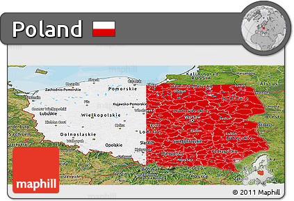 Flag Panoramic Map of Poland, satellite outside, bathymetry sea, flag rotated