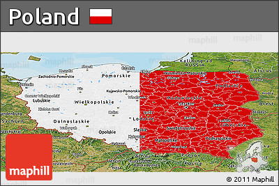 Flag Panoramic Map of Poland, satellite outside, bathymetry sea, flag rotated
