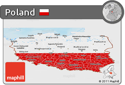 Flag Panoramic Map of Poland, single color outside, shaded relief sea