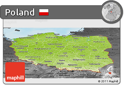Physical Panoramic Map of Poland, darken, desaturated, land only